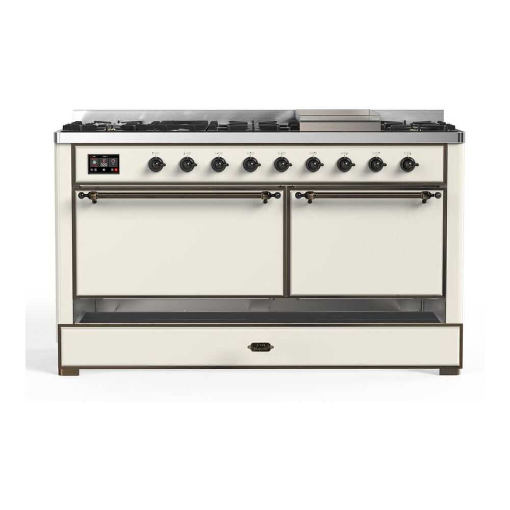 ILVE Majestic II 60 inch Solid Door Natural Gas Dual Fuel Range Burnished Antique White