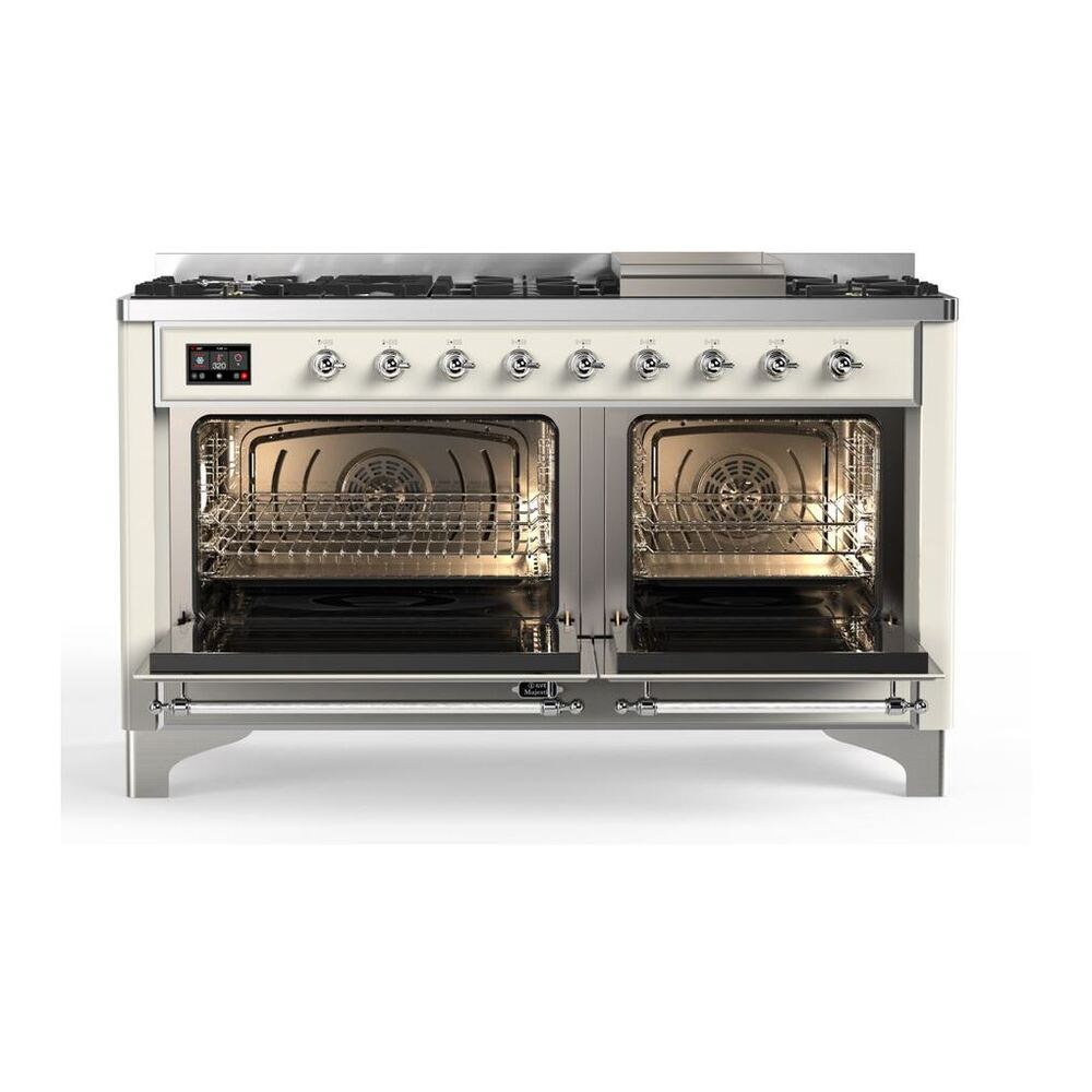 ILVE Majestic II 60 inch Solid Door Natural Gas Dual Fuel Range Chrome Antique White
