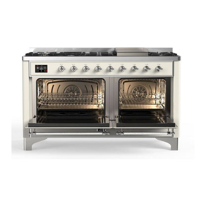 ILVE Majestic II 60 inch Solid Door Natural Gas Dual Fuel Range Chrome Antique White
