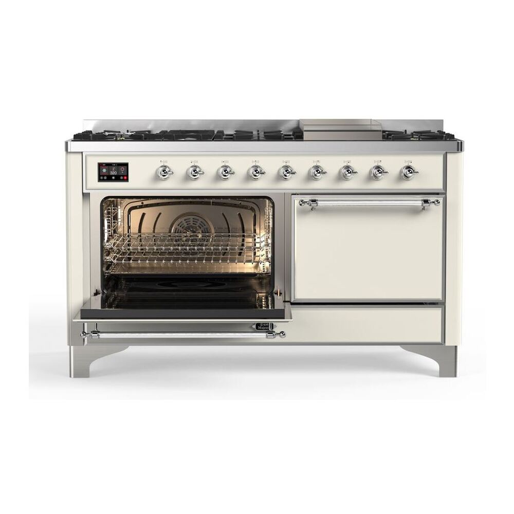 ILVE Majestic II 60 inch Solid Door Natural Gas Dual Fuel Range Chrome Antique White