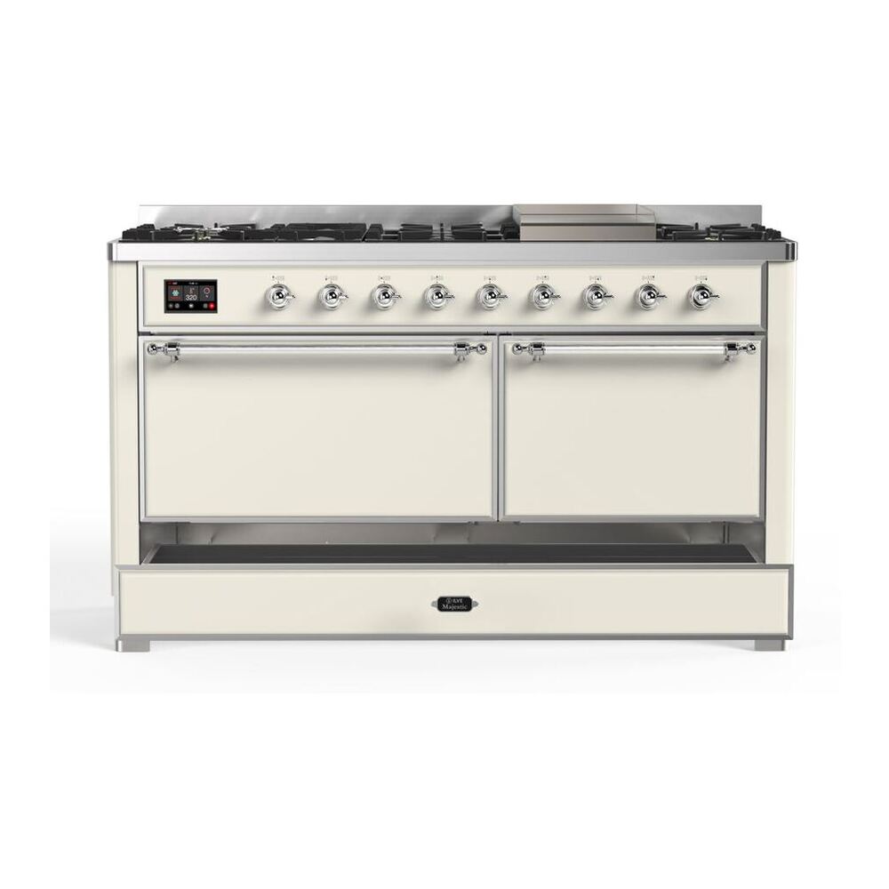 ILVE Majestic II 60 inch Solid Door Natural Gas Dual Fuel Range Chrome Antique White
