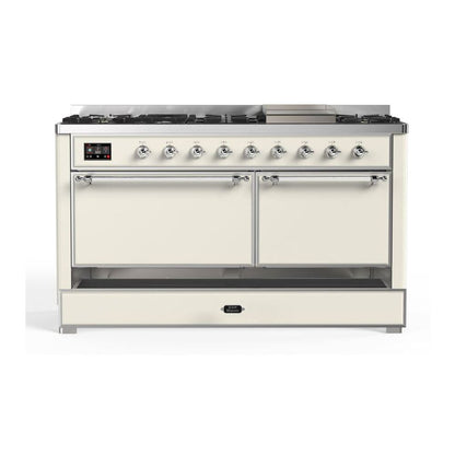 ILVE Majestic II 60 inch Solid Door Natural Gas Dual Fuel Range Chrome Antique White