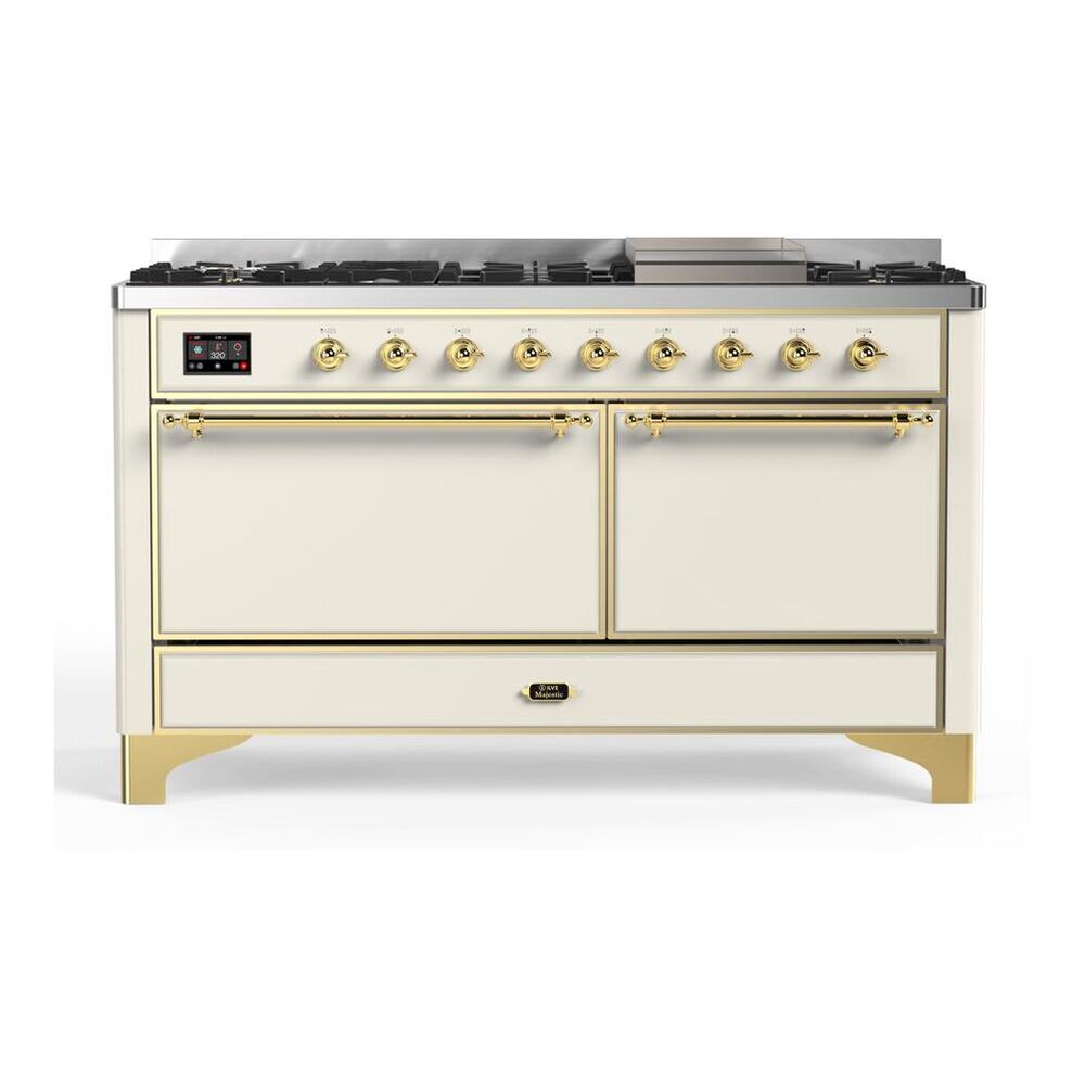 ILVE Majestic II 60 inch Solid Door Natural Gas Dual Fuel Range Brass Antique White