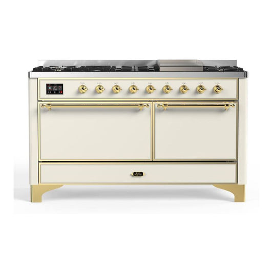 ILVE Majestic II 60" Antique White Dual Fuel Range with 9 Burners and Griddle Solid Door Natural Gas