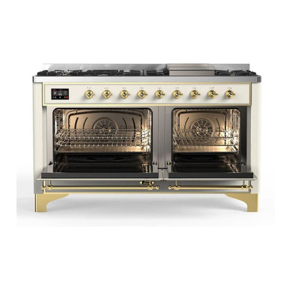 ILVE Majestic II 60 inch Solid Door Natural Gas Dual Fuel Range Brass Antique White