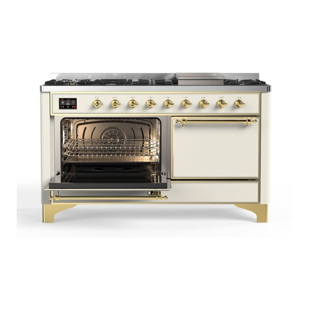 ILVE Majestic II 60 inch Solid Door Natural Gas Dual Fuel Range Brass Antique White