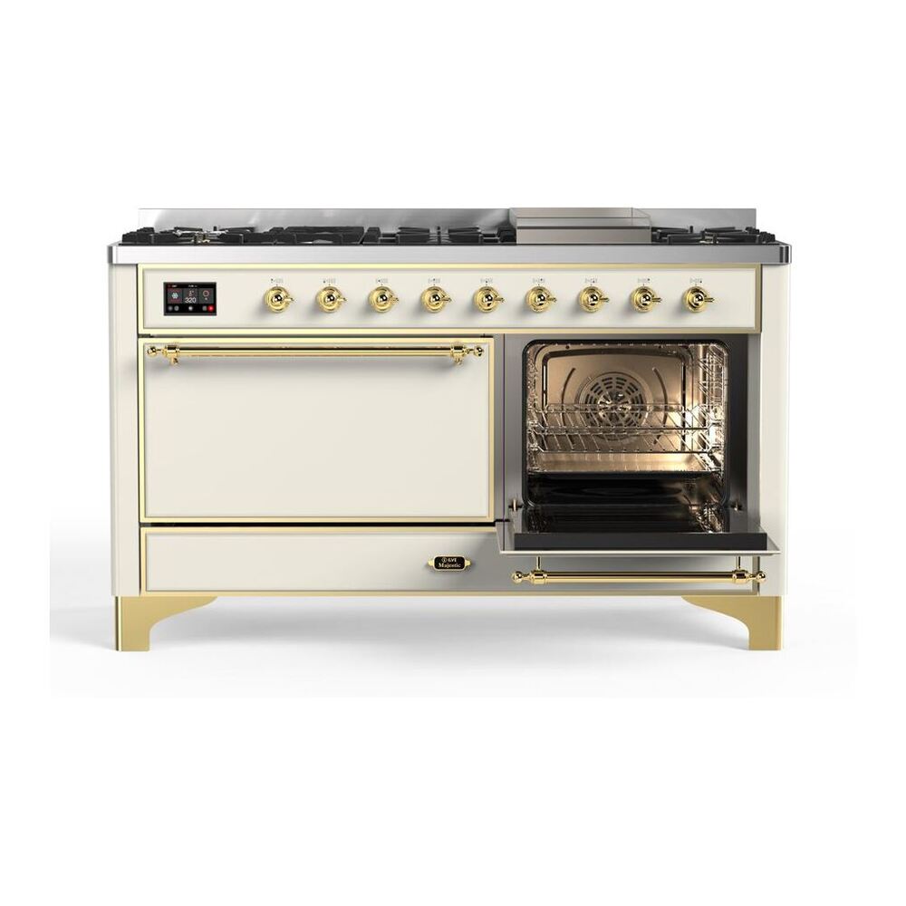 ILVE Majestic II 60 inch Solid Door Natural Gas Dual Fuel Range Brass Antique White