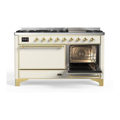 ILVE Majestic II 60 inch Solid Door Natural Gas Dual Fuel Range Brass Antique White