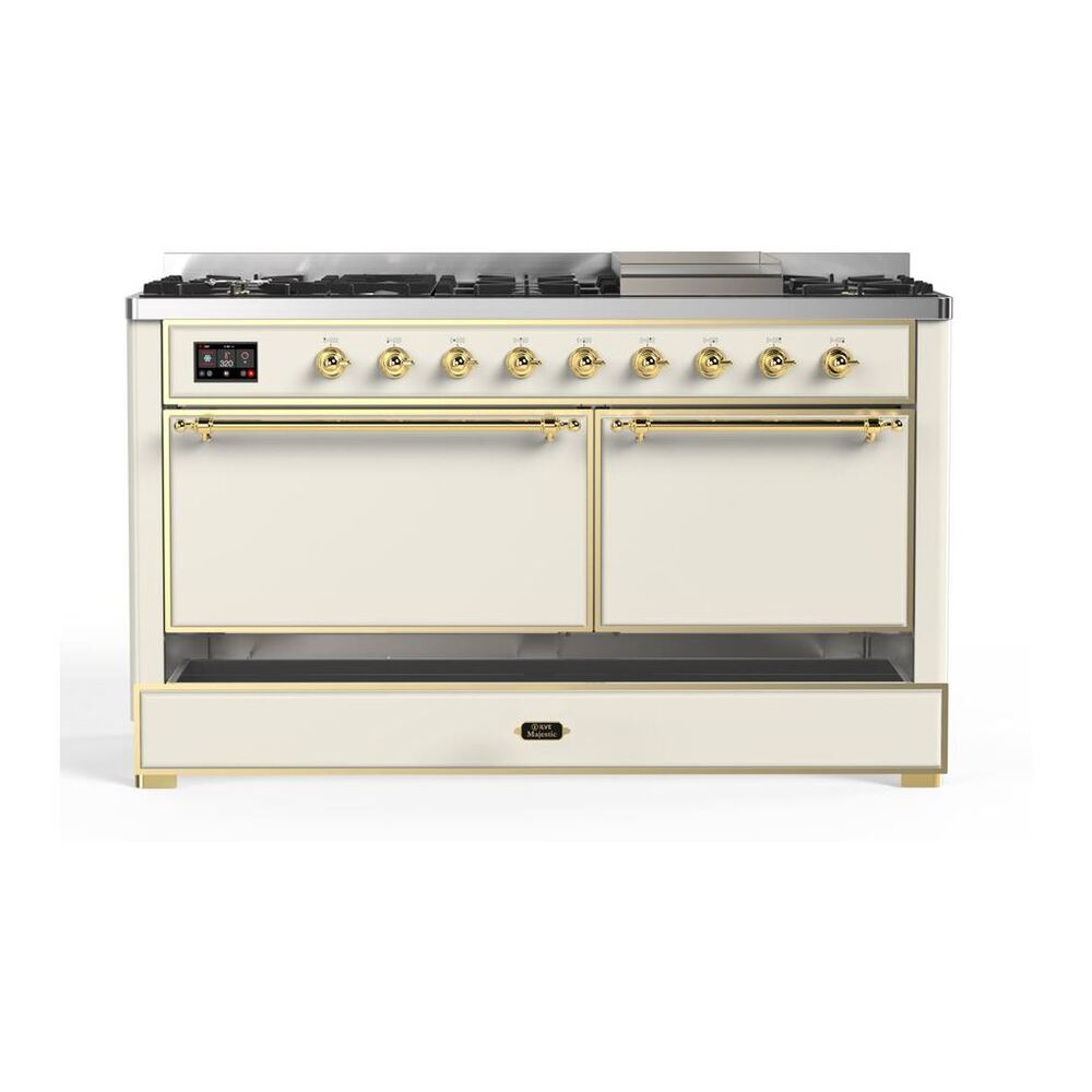 ILVE Majestic II 60 inch Solid Door Natural Gas Dual Fuel Range Brass Antique White