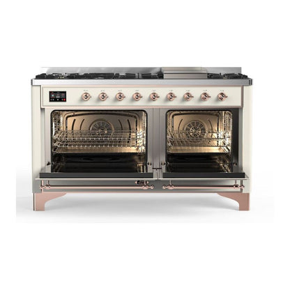 ILVE Majestic II 60 inch Solid Door Natural Gas Dual Fuel Range Copper Antique White