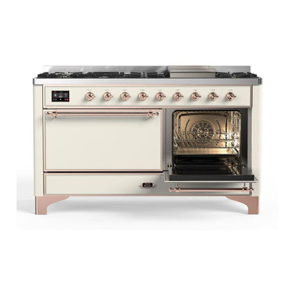ILVE Majestic II 60 inch Solid Door Natural Gas Dual Fuel Range Copper Antique White