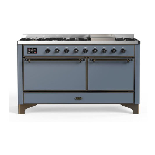 ILVE Majestic II 60" Blue Grey Dual Fuel Range with 9 Burners and Griddle Solid Door Liquid Propane