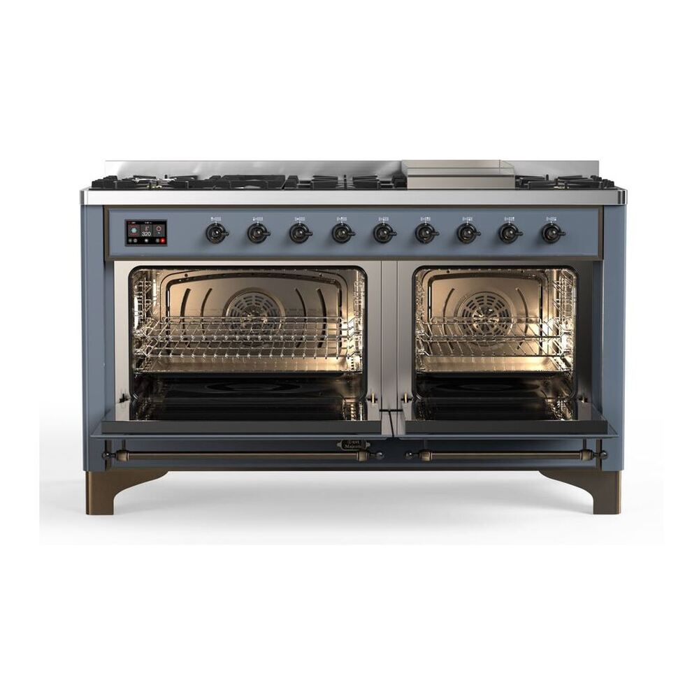 ILVE Majestic II 60 inch Solid Door Natural Gas Dual Fuel Range Burnished Blue Grey