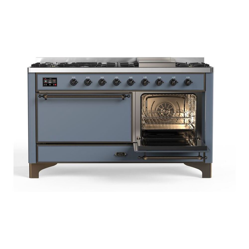 ILVE Majestic II 60 inch Solid Door Natural Gas Dual Fuel Range Burnished Blue Grey