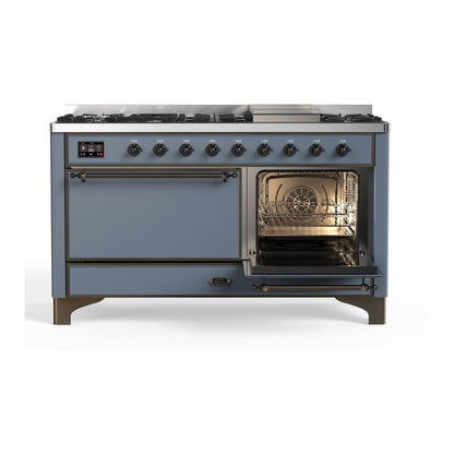 ILVE Majestic II 60 inch Solid Door Natural Gas Dual Fuel Range Burnished Blue Grey