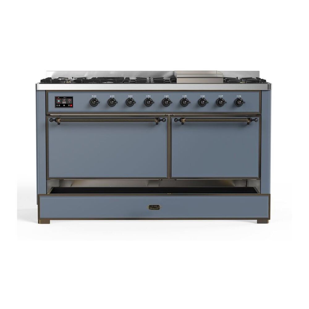 ILVE Majestic II 60 inch Solid Door Natural Gas Dual Fuel Range Burnished Blue Grey