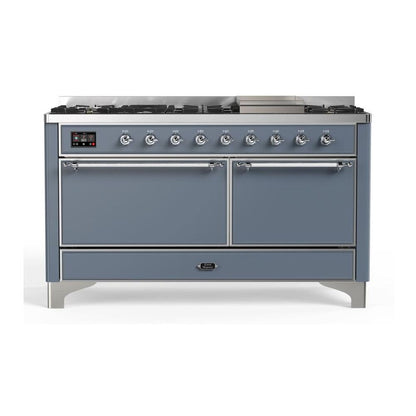 ILVE Majestic II 60 inch Solid Door Natural Gas Dual Fuel Range Chrome Blue Grey