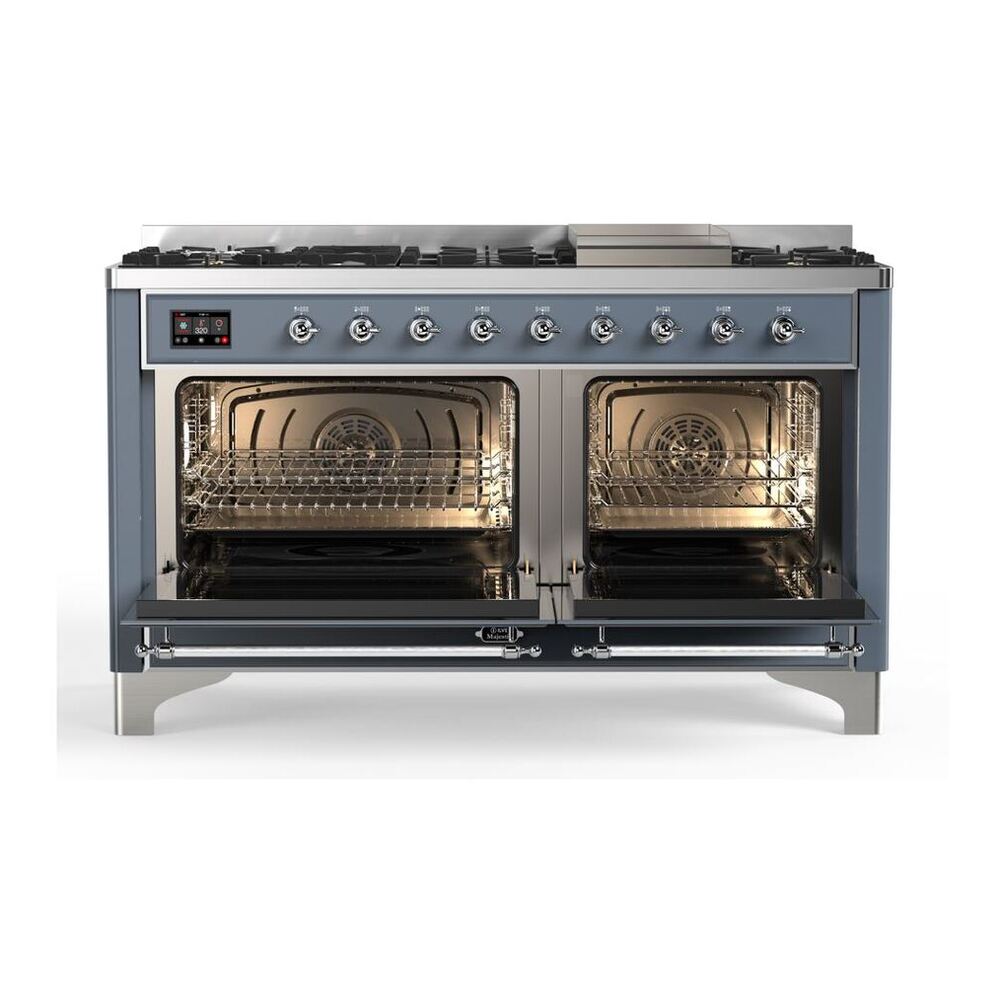 ILVE Majestic II 60 inch Solid Door Natural Gas Dual Fuel Range Chrome Blue Grey