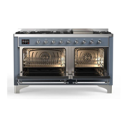ILVE Majestic II 60 inch Solid Door Natural Gas Dual Fuel Range Chrome Blue Grey