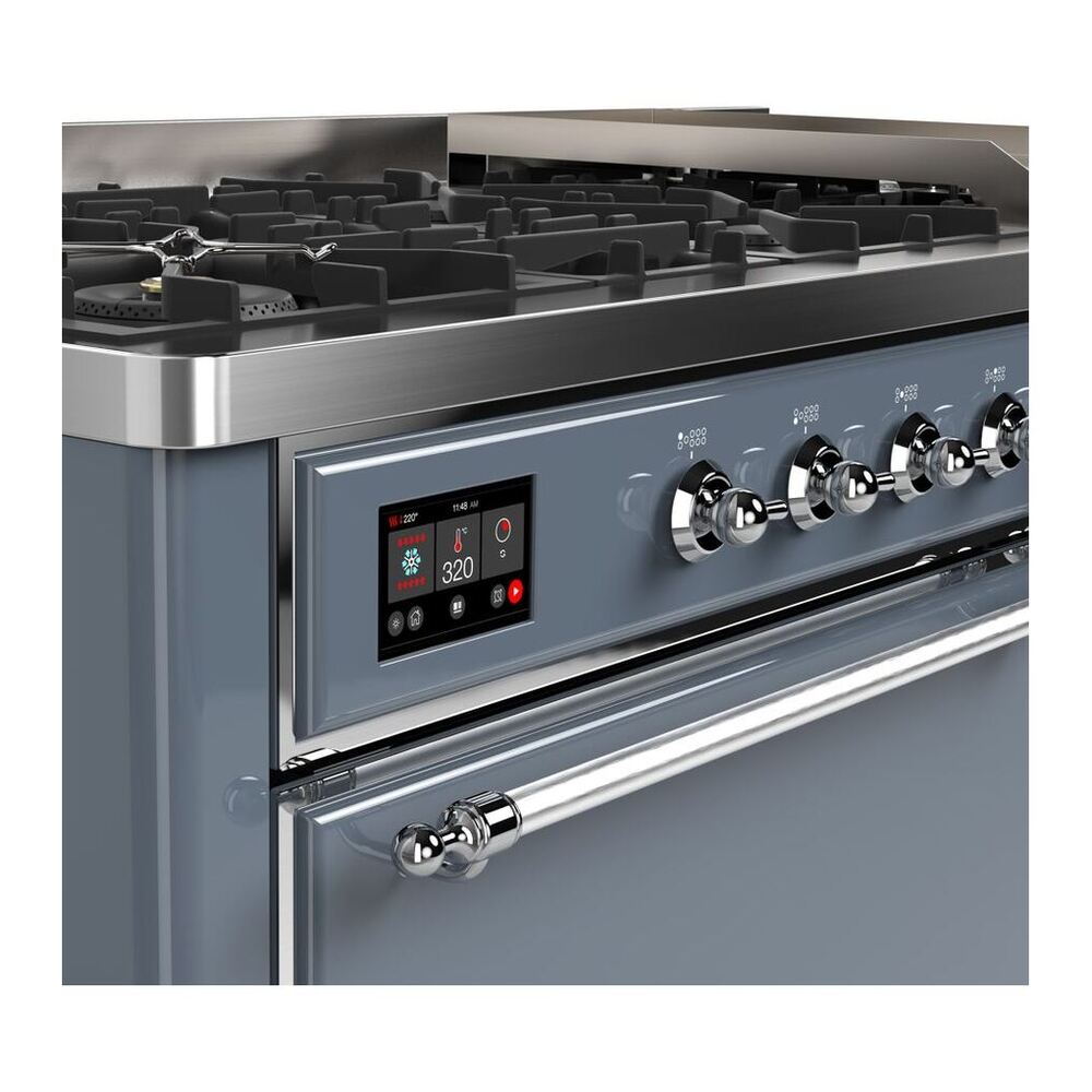 ILVE Majestic II 60 inch Solid Door Natural Gas Dual Fuel Range Chrome Blue Grey