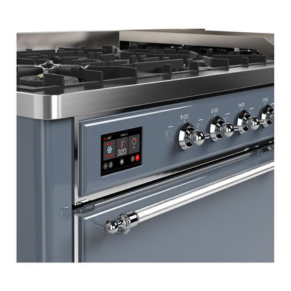 ILVE Majestic II 60 inch Solid Door Natural Gas Dual Fuel Range Chrome Blue Grey