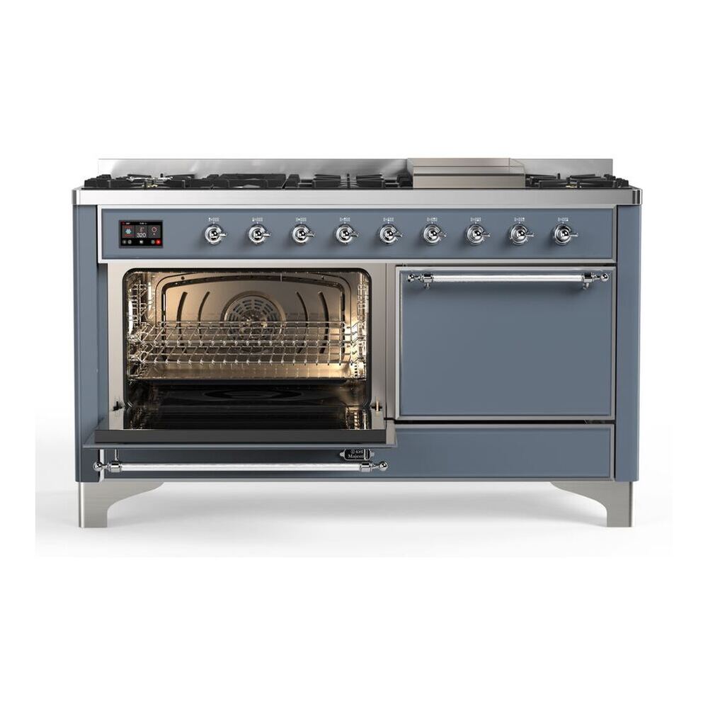 ILVE Majestic II 60 inch Solid Door Natural Gas Dual Fuel Range Chrome Blue Grey