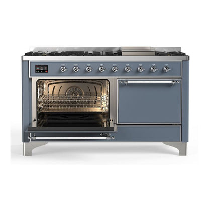ILVE Majestic II 60 inch Solid Door Natural Gas Dual Fuel Range Chrome Blue Grey