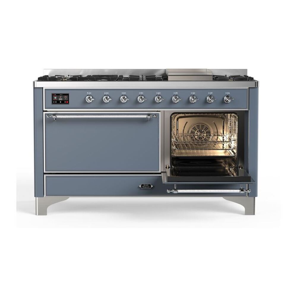 ILVE Majestic II 60 inch Solid Door Natural Gas Dual Fuel Range Chrome Blue Grey