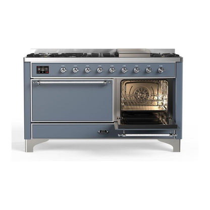 ILVE Majestic II 60 inch Solid Door Natural Gas Dual Fuel Range Chrome Blue Grey