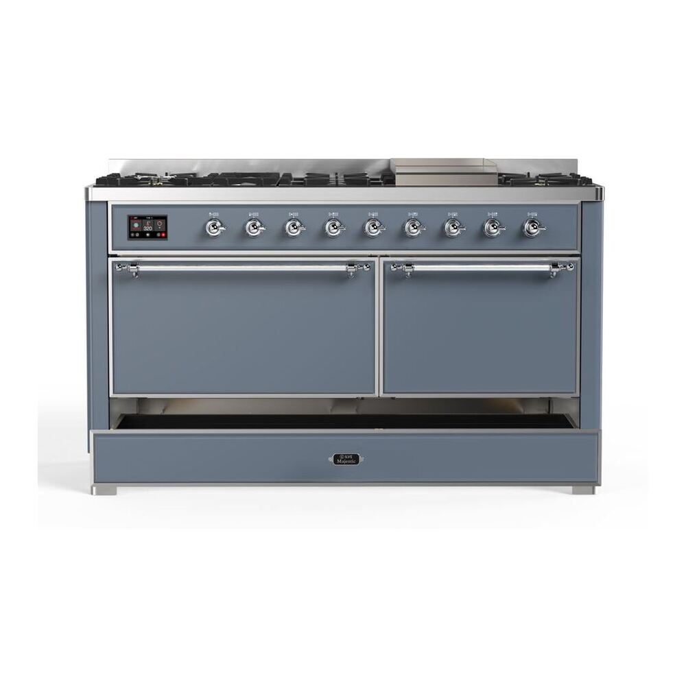 ILVE Majestic II 60 inch Solid Door Natural Gas Dual Fuel Range Chrome Blue Grey