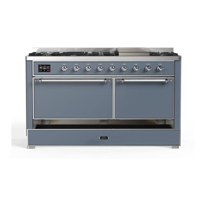 ILVE Majestic II 60 inch Solid Door Natural Gas Dual Fuel Range Chrome Blue Grey