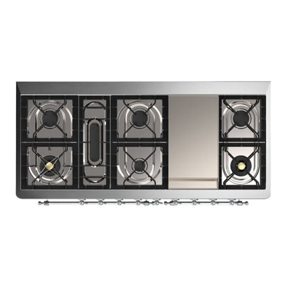 ILVE Majestic II 60 inch Solid Door Natural Gas Dual Fuel Range Chrome Blue Grey