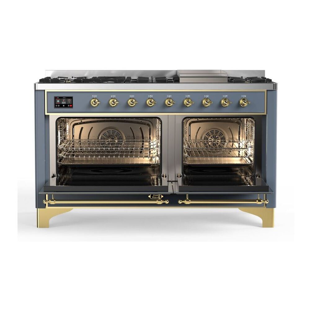 ILVE Majestic II 60 inch Solid Door Natural Gas Dual Fuel Range Brass Blue Grey