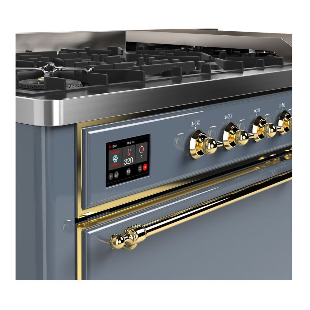 ILVE Majestic II 60 inch Solid Door Natural Gas Dual Fuel Range Brass Blue Grey