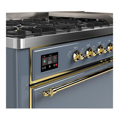 ILVE Majestic II 60 inch Solid Door Natural Gas Dual Fuel Range Brass Blue Grey