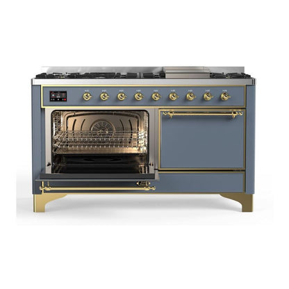 ILVE Majestic II 60 inch Solid Door Natural Gas Dual Fuel Range Brass Blue Grey