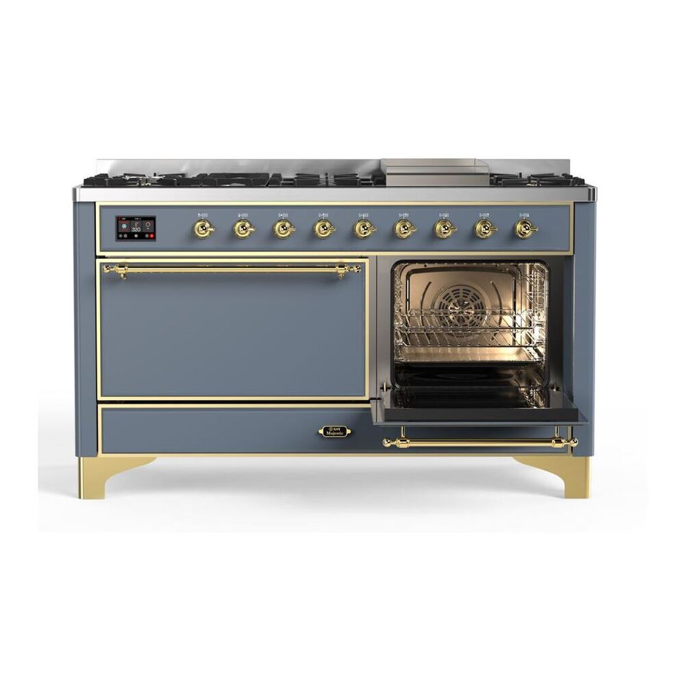 ILVE Majestic II 60 inch Solid Door Natural Gas Dual Fuel Range Brass Blue Grey
