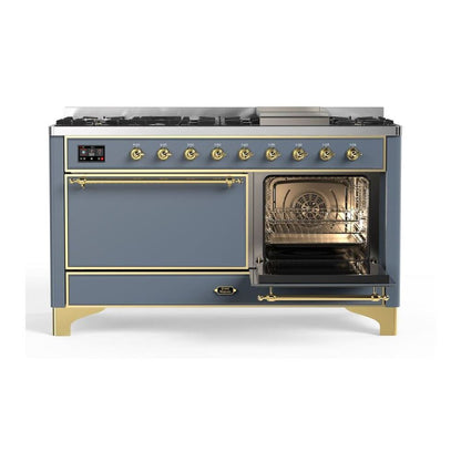 ILVE Majestic II 60 inch Solid Door Natural Gas Dual Fuel Range Brass Blue Grey