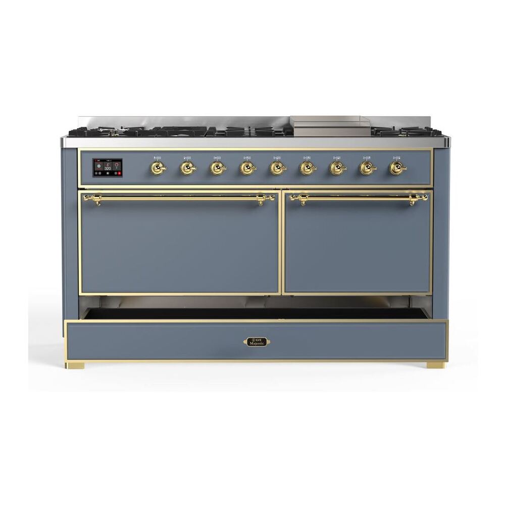 ILVE Majestic II 60 inch Solid Door Natural Gas Dual Fuel Range Brass Blue Grey