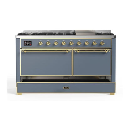 ILVE Majestic II 60 inch Solid Door Natural Gas Dual Fuel Range Brass Blue Grey