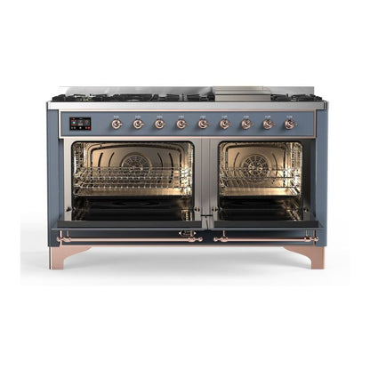 ILVE Majestic II 60 inch Solid Door Natural Gas Dual Fuel Range Copper Blue Grey