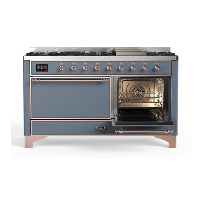 ILVE Majestic II 60 inch Solid Door Natural Gas Dual Fuel Range Copper Blue Grey