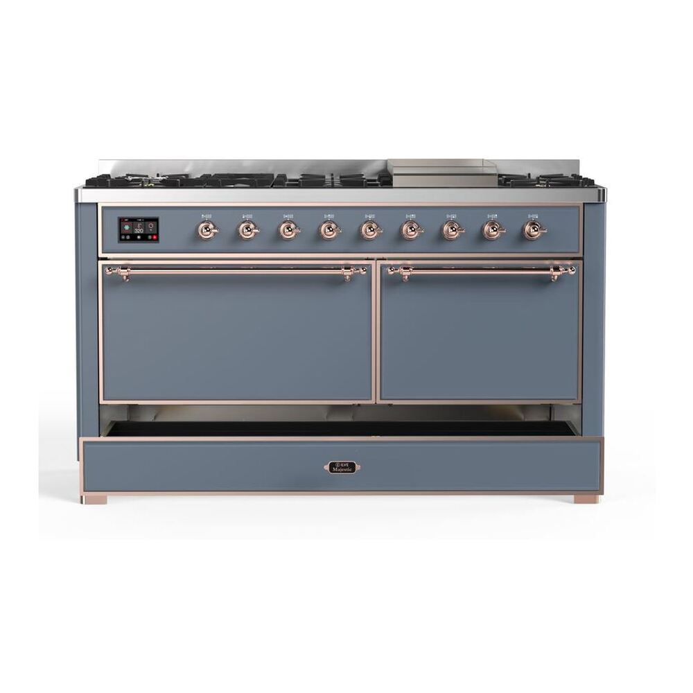 ILVE Majestic II 60 inch Solid Door Natural Gas Dual Fuel Range Copper Blue Grey