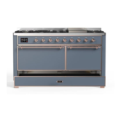 ILVE Majestic II 60 inch Solid Door Natural Gas Dual Fuel Range Copper Blue Grey