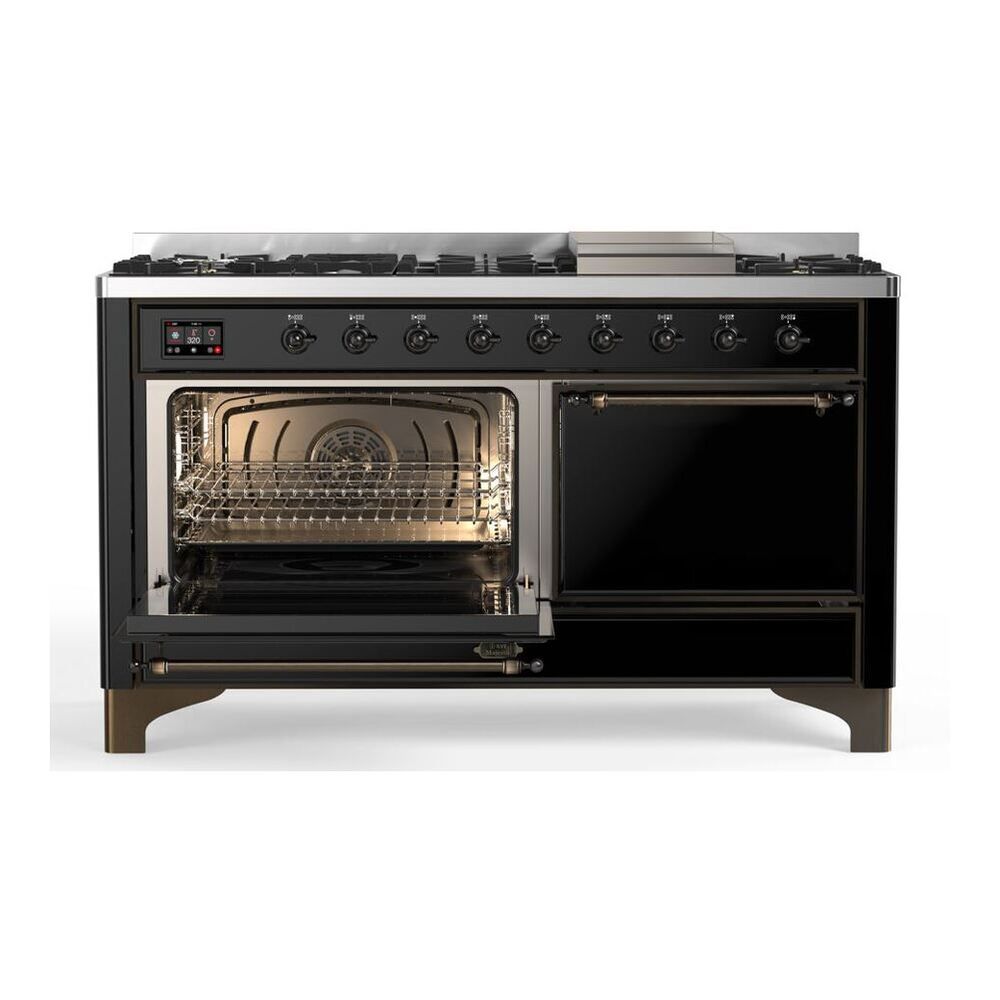 ILVE Majestic II 60 inch Solid Door Natural Gas Dual Fuel Range Burnished Glossy Black