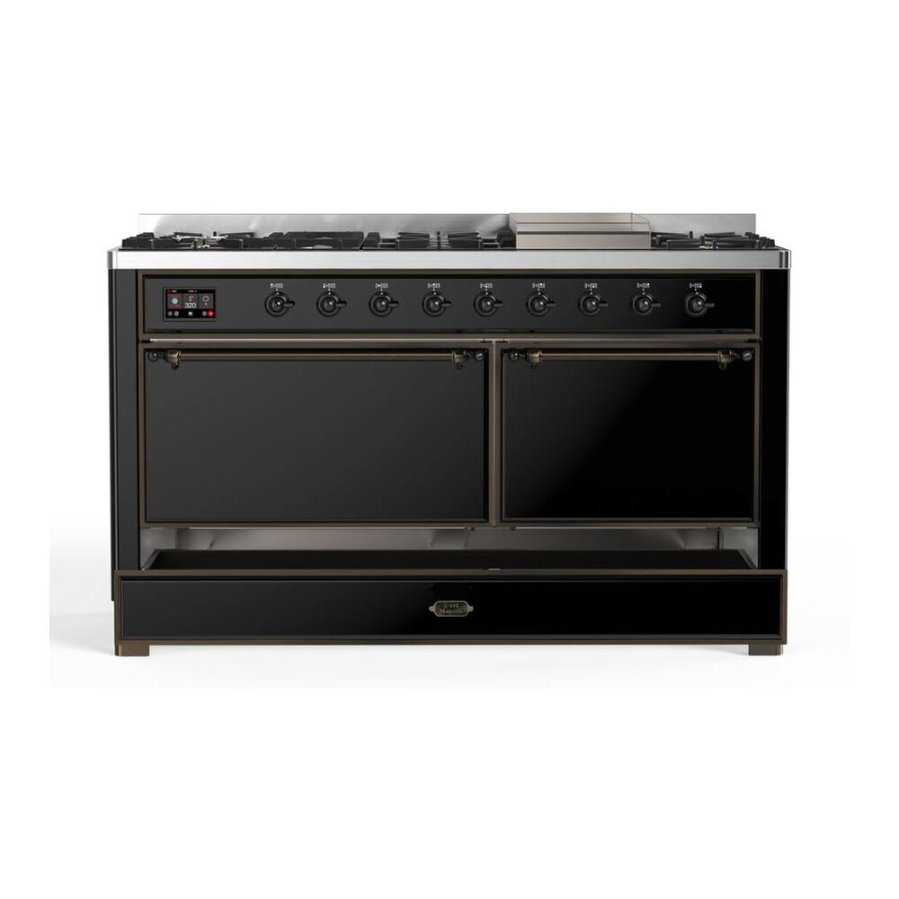 ILVE Majestic II 60 inch Solid Door Natural Gas Dual Fuel Range Burnished Glossy Black