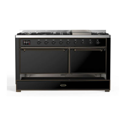 ILVE Majestic II 60 inch Solid Door Natural Gas Dual Fuel Range Burnished Glossy Black