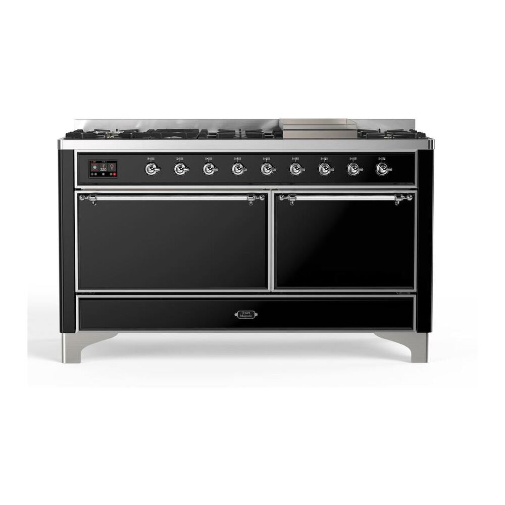 ILVE Majestic II 60 inch Solid Door Natural Gas Dual Fuel Range Chrome Glossy Black