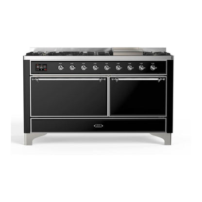 ILVE Majestic II 60 inch Solid Door Natural Gas Dual Fuel Range Chrome Glossy Black