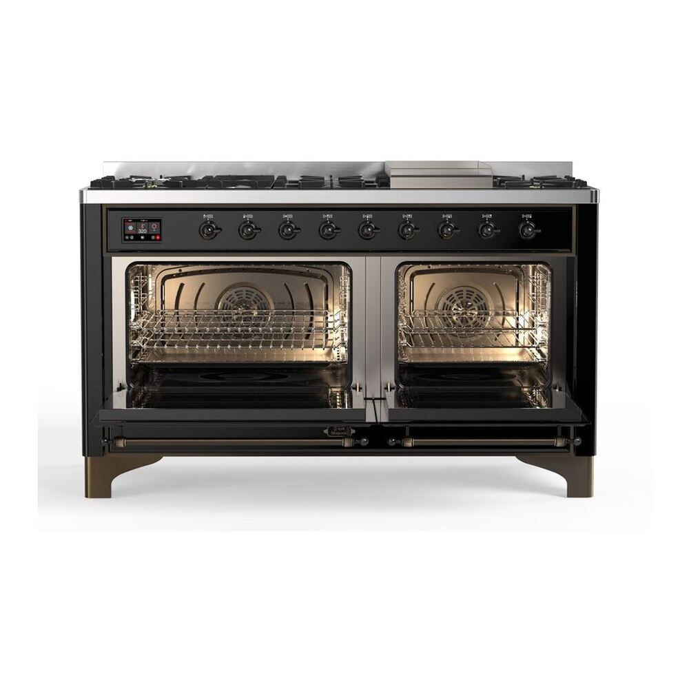 ILVE Majestic II 60 inch Solid Door Natural Gas Dual Fuel Range Chrome Glossy Black